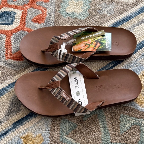 Feelgoodz Brown Leather-Effect Flip Flops with Striped Fabric Straps - Picture 4 of 7